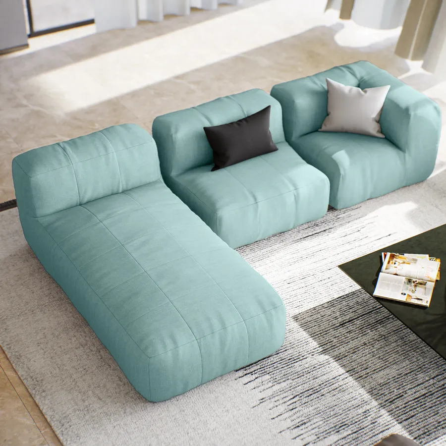Ghe sofa goc boc vai olefin mau xanh nuoc bien 2