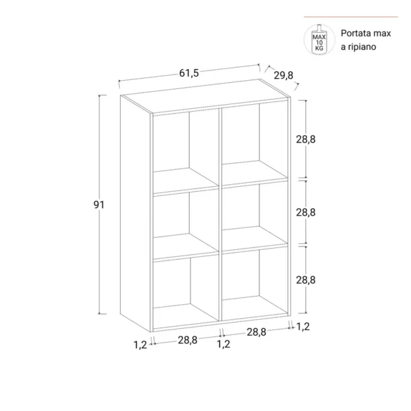 libreria 62x91h cm bianco con 6 vani realm 3